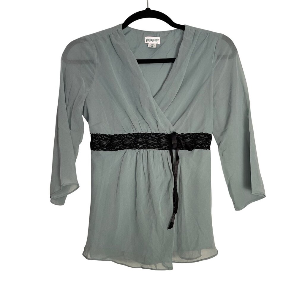 Motherhood Maternity Sheer Wrap Top With Lace Trim & Tie Belt Size Large